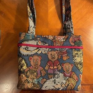 Custom tapestry purse with bears and cats.